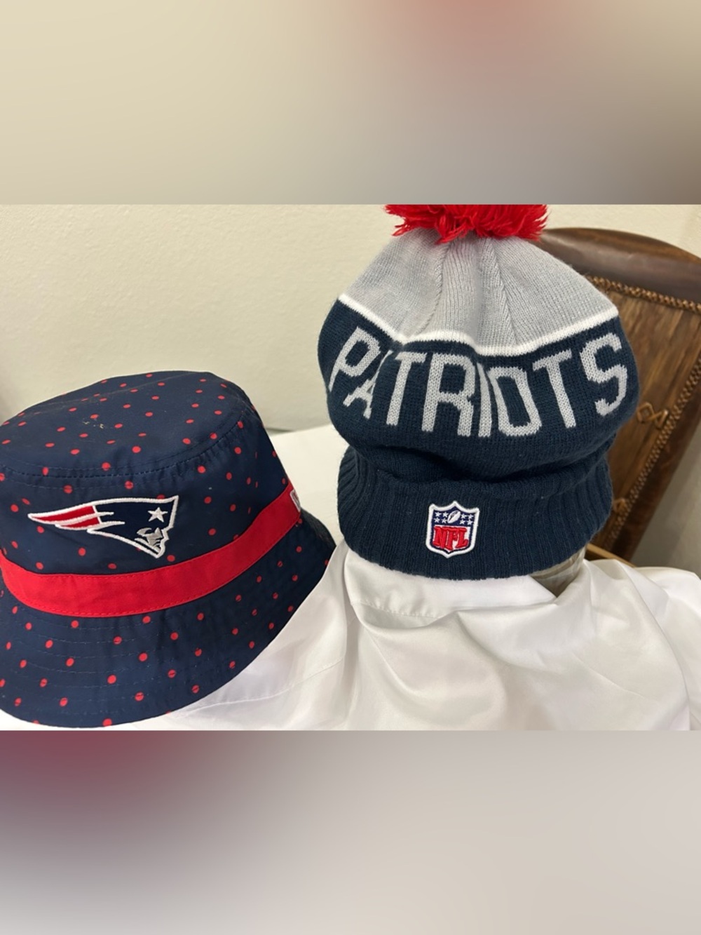 NFL Patriots Navy, Gray & Red Pom Beanie and Navy Polka Dot Bucket Hat